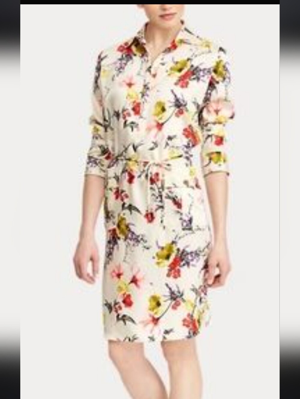 Ralph Lauren Cream Satin Floral Long-SleeveShirti Dress